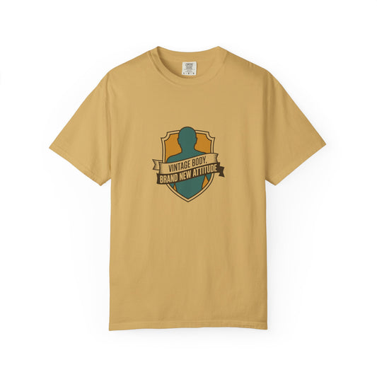 T-Shirt — "Vintage Body, Brand New Attitude" Shield Graphic