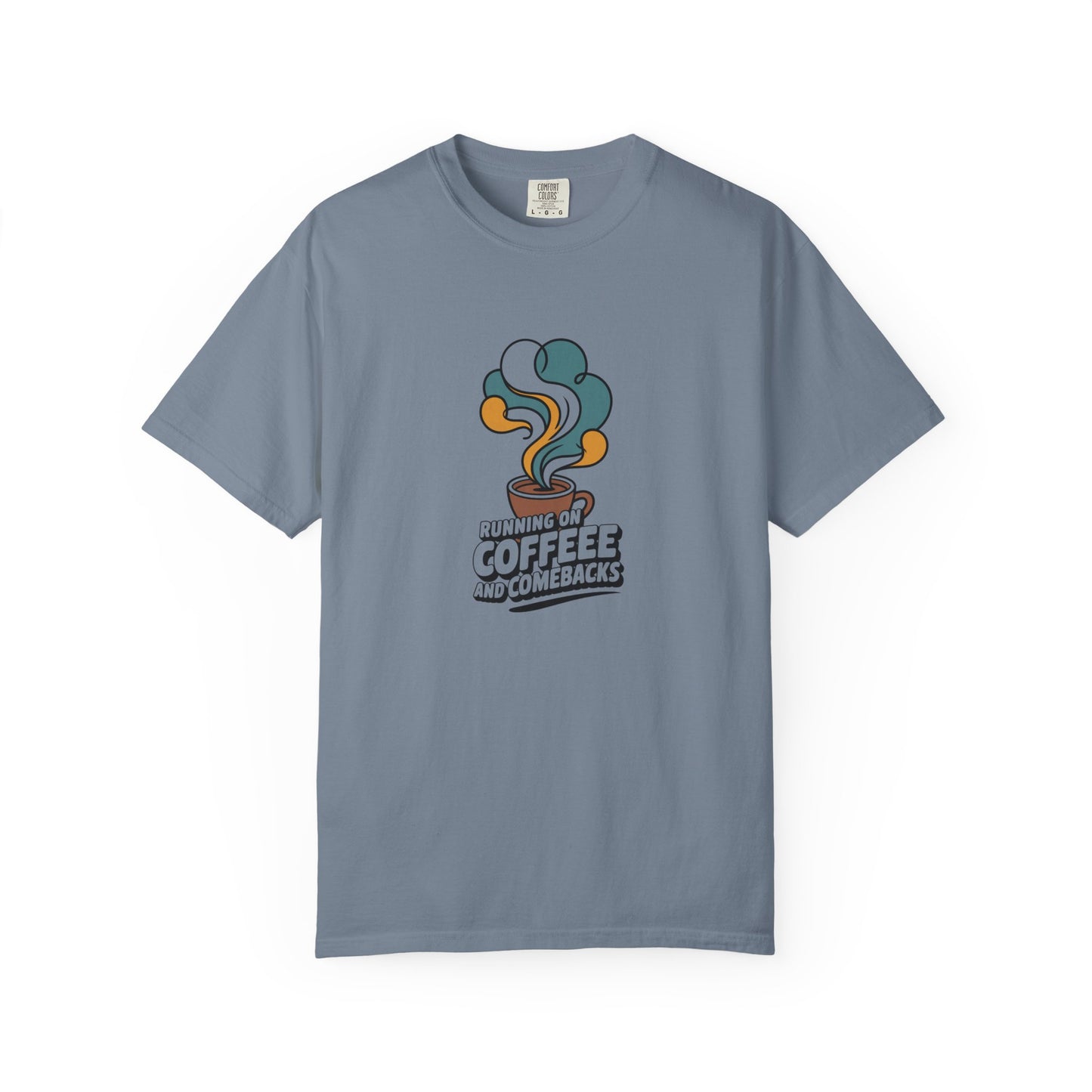 Coffee Comeback T-Shirt — Retro Steam Graphic “Running on Coffee” Tee