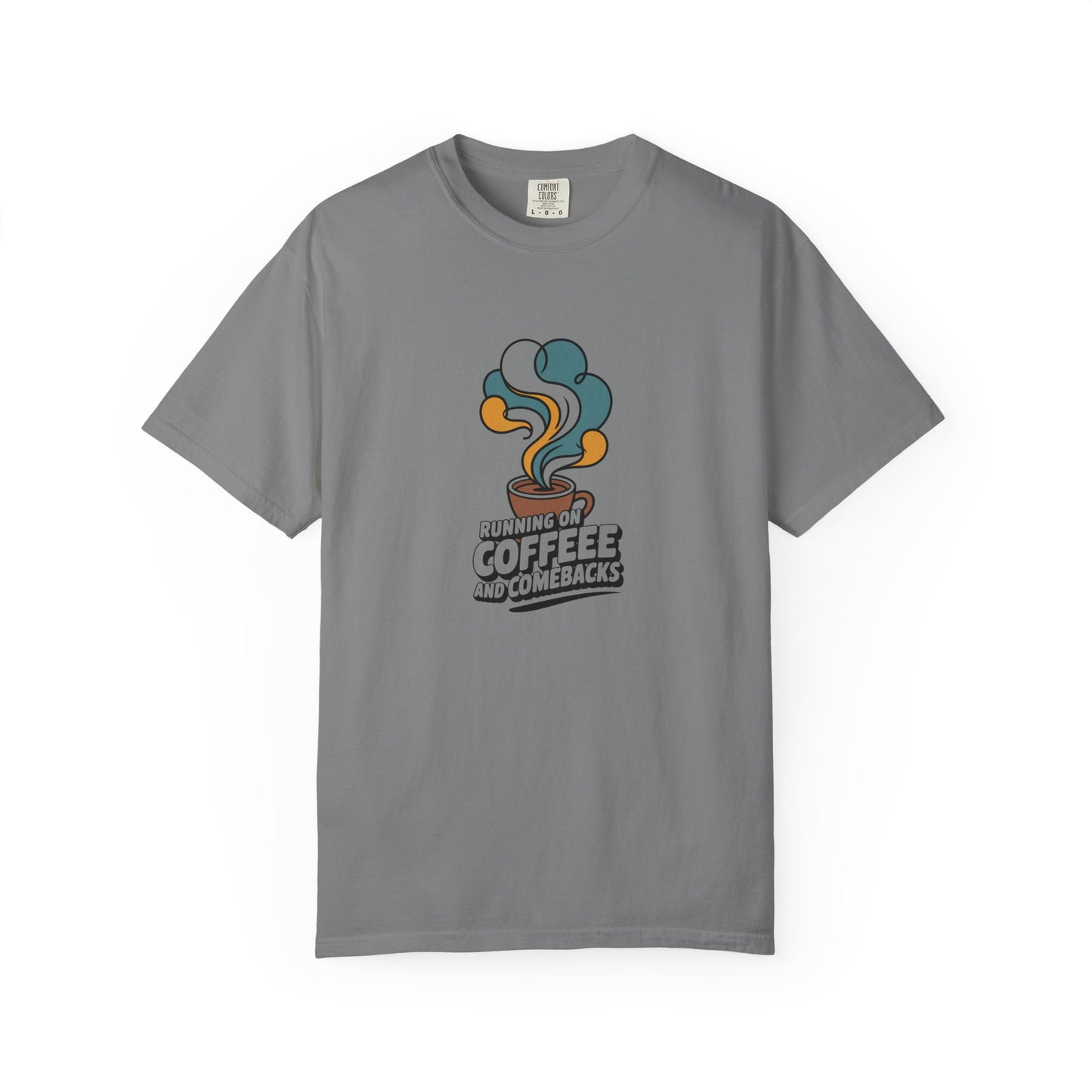 Coffee Comeback T-Shirt — Retro Steam Graphic “Running on Coffee” Tee