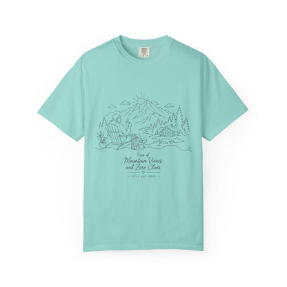 Mountain Camping Line Art T-Shirt — Explore, Camp, Relax Tee