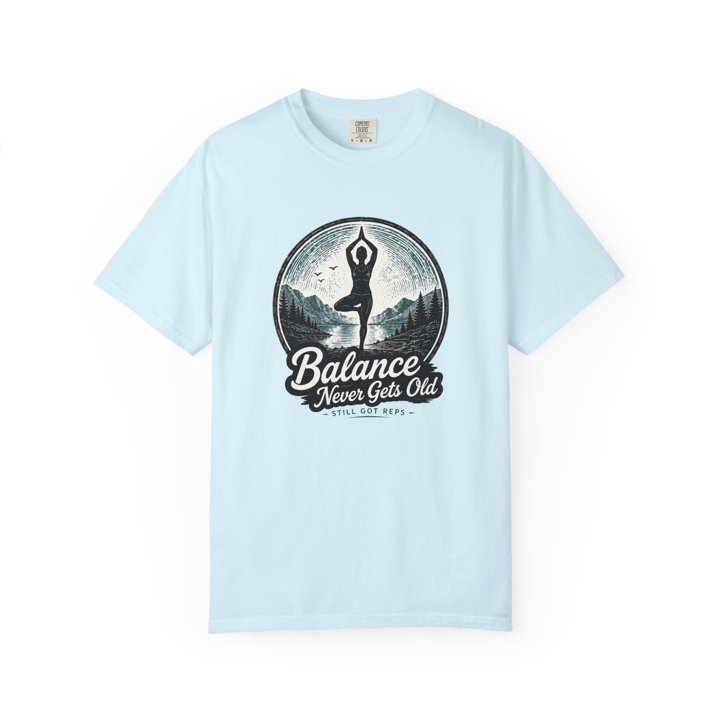 Yoga Balance T-Shirt — "Balance Never Gets Old" Vintage Mountain Yoga Tee