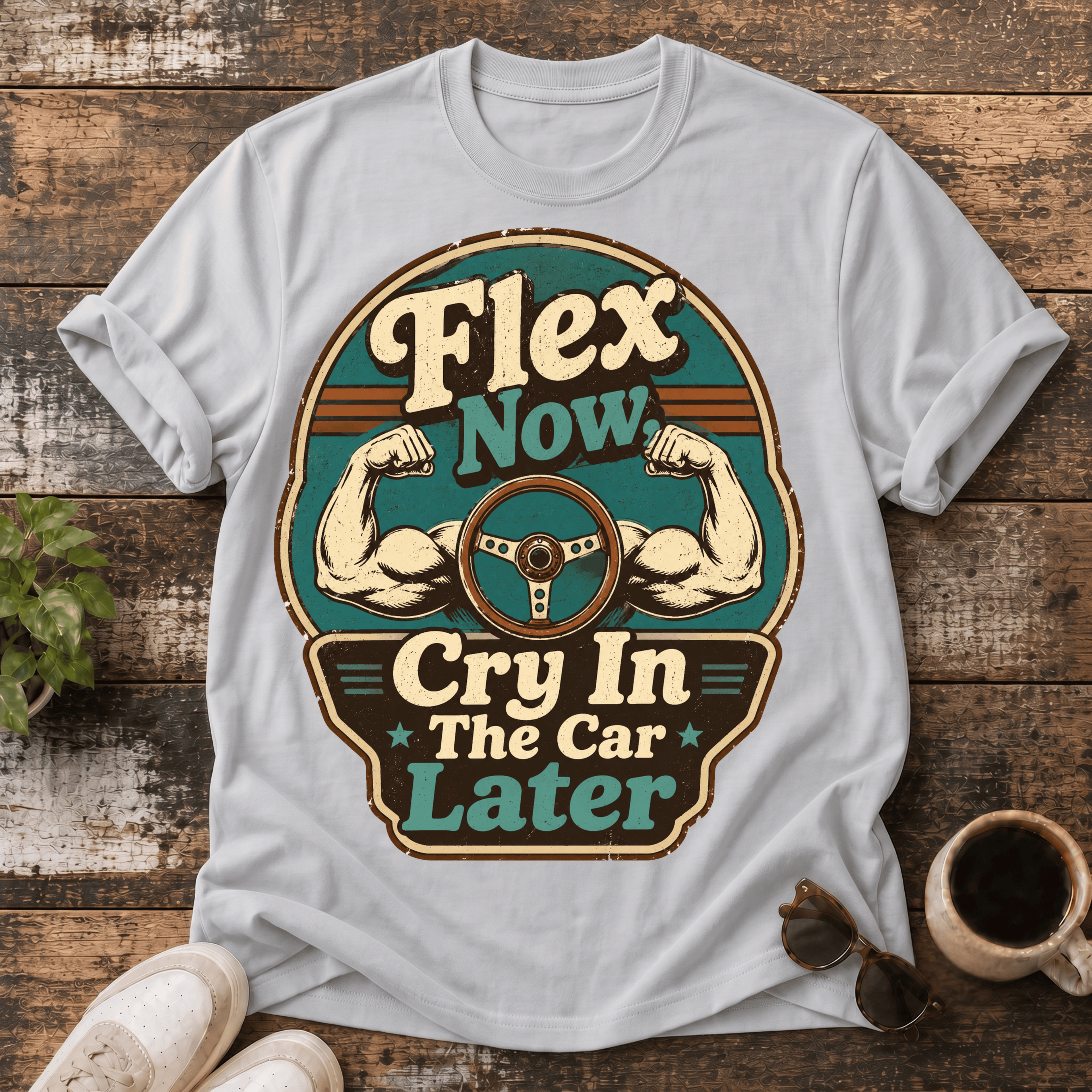 Flex Now T-Shirt — Retro 'Flex Now, Cry In The Car Later' Gym Tee