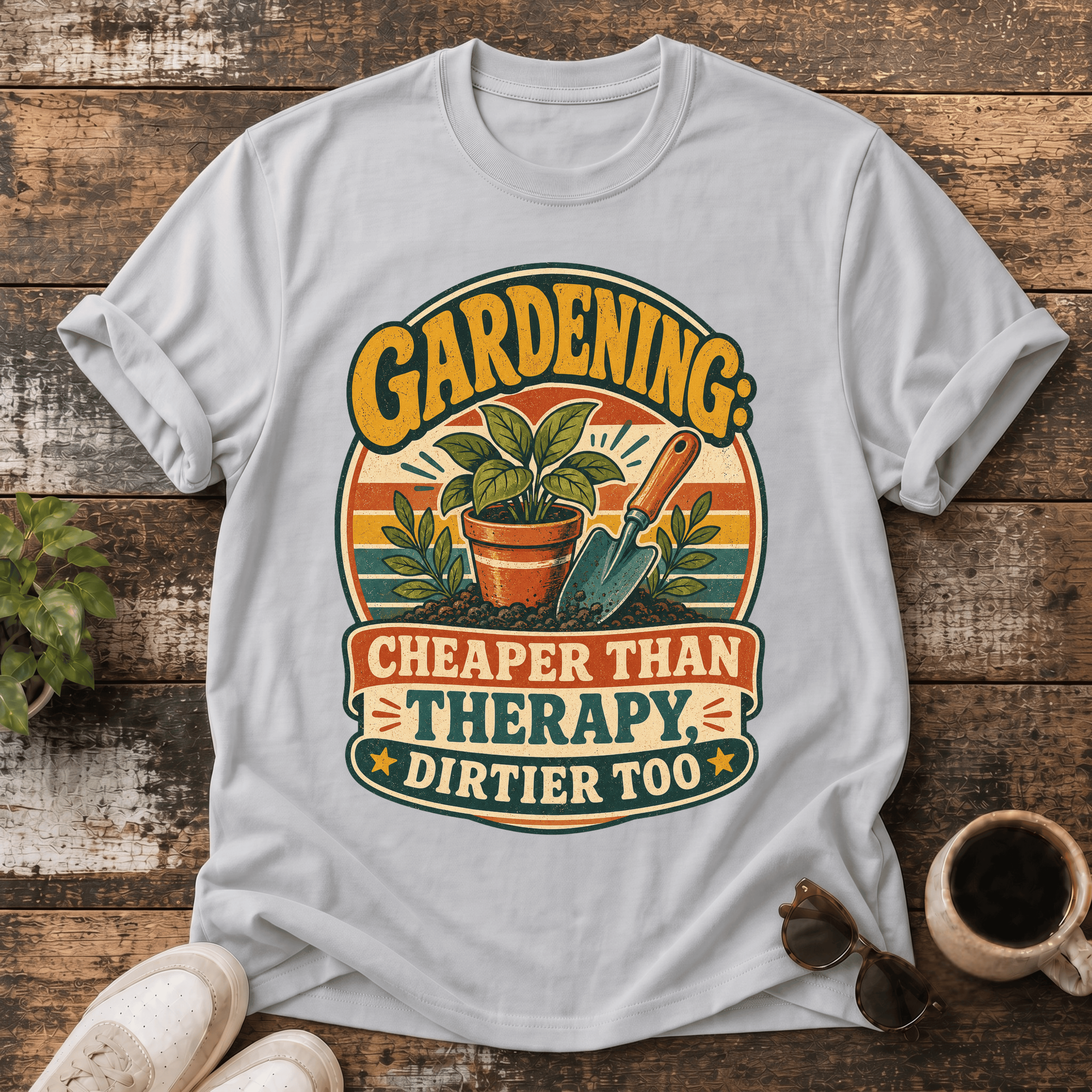 Gardening T-Shirt — "Gardening: Cheaper Than Therapy & Dirtier Too" Retro Plant Tee