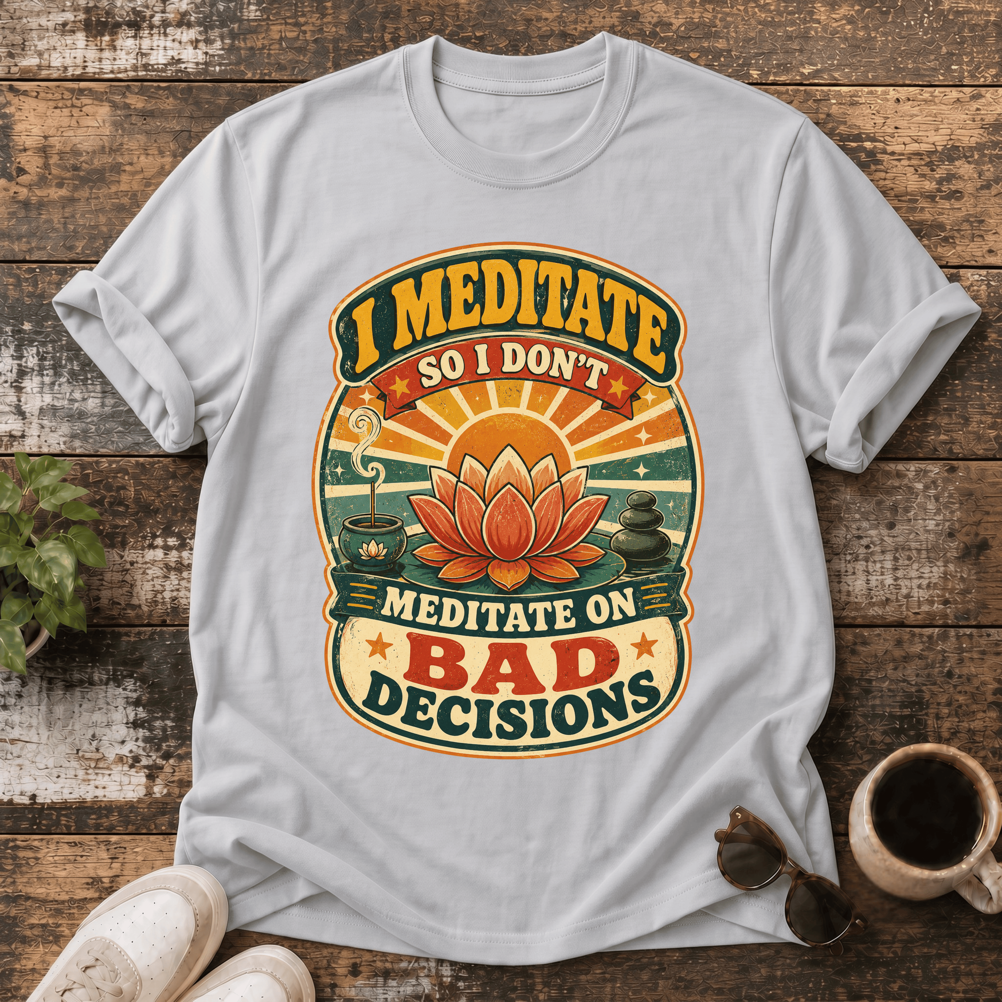 Meditation T-Shirt — “I Meditate So I Don’t Meditate On Bad Decisions” Retro Lotus Tee