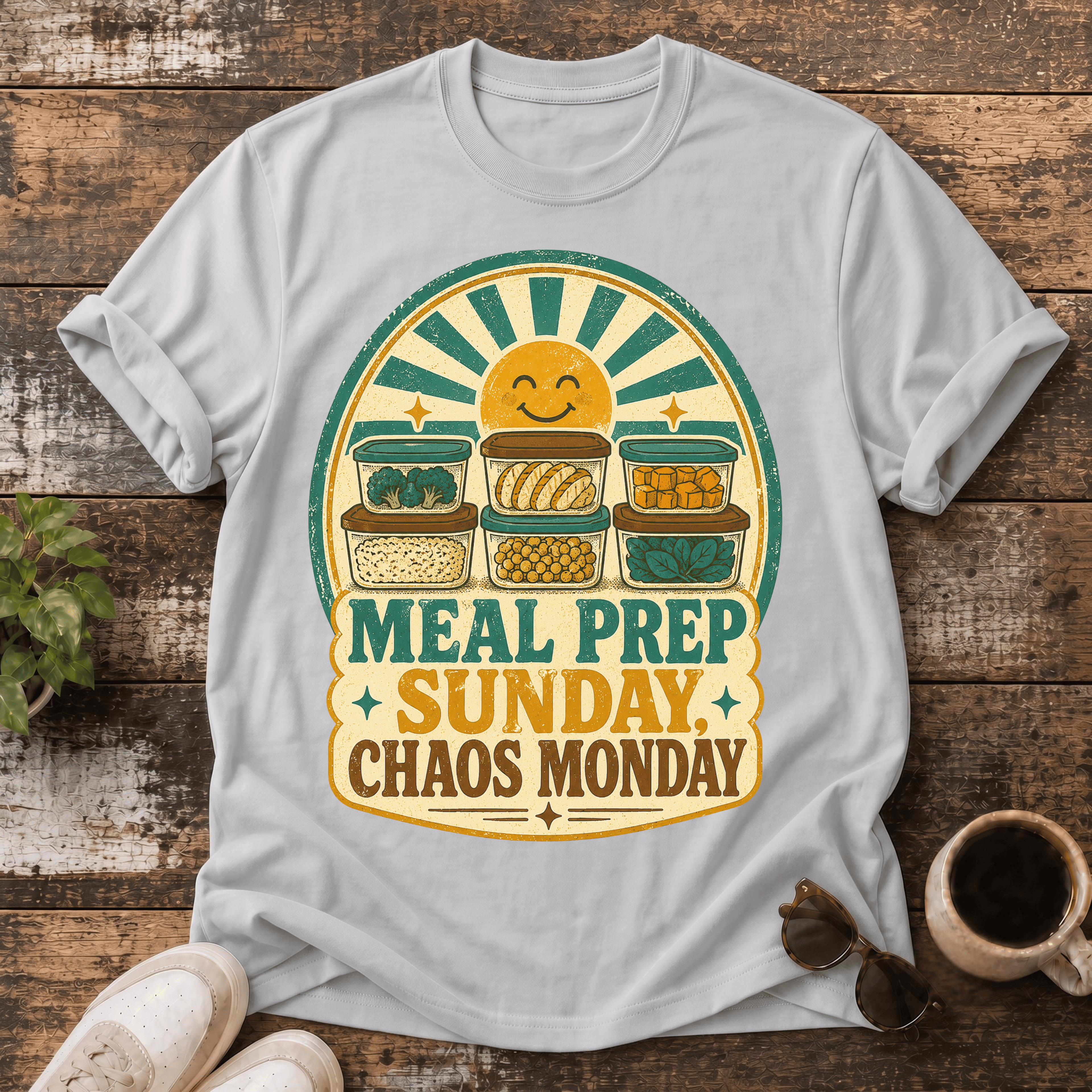 Meal Prep T-Shirt — “Meal Prep Sunday, Chaos Monday” Retro Kitchen Graphic