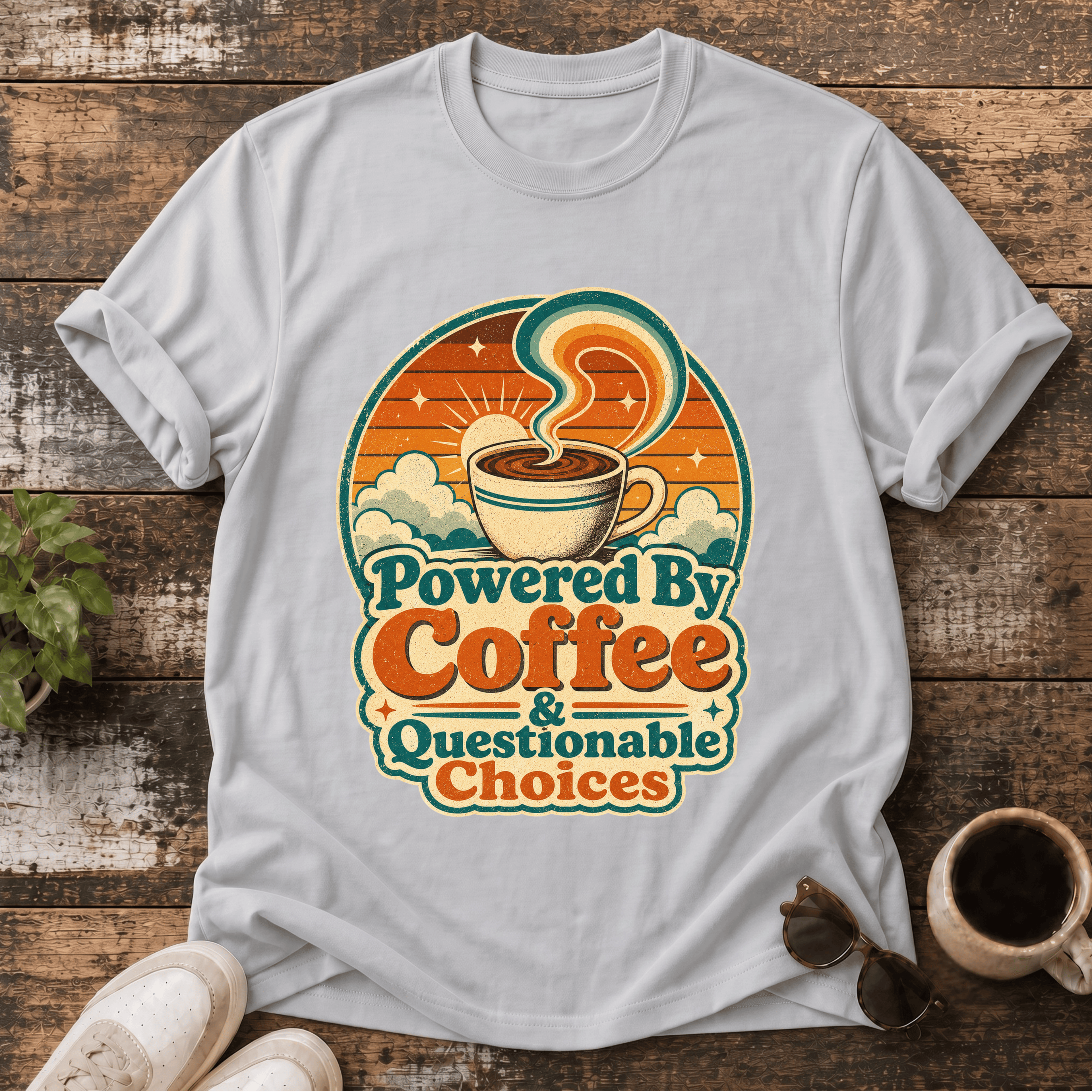 Powered By Coffee T-Shirt — Retro Sunrise Coffee Cup Tee