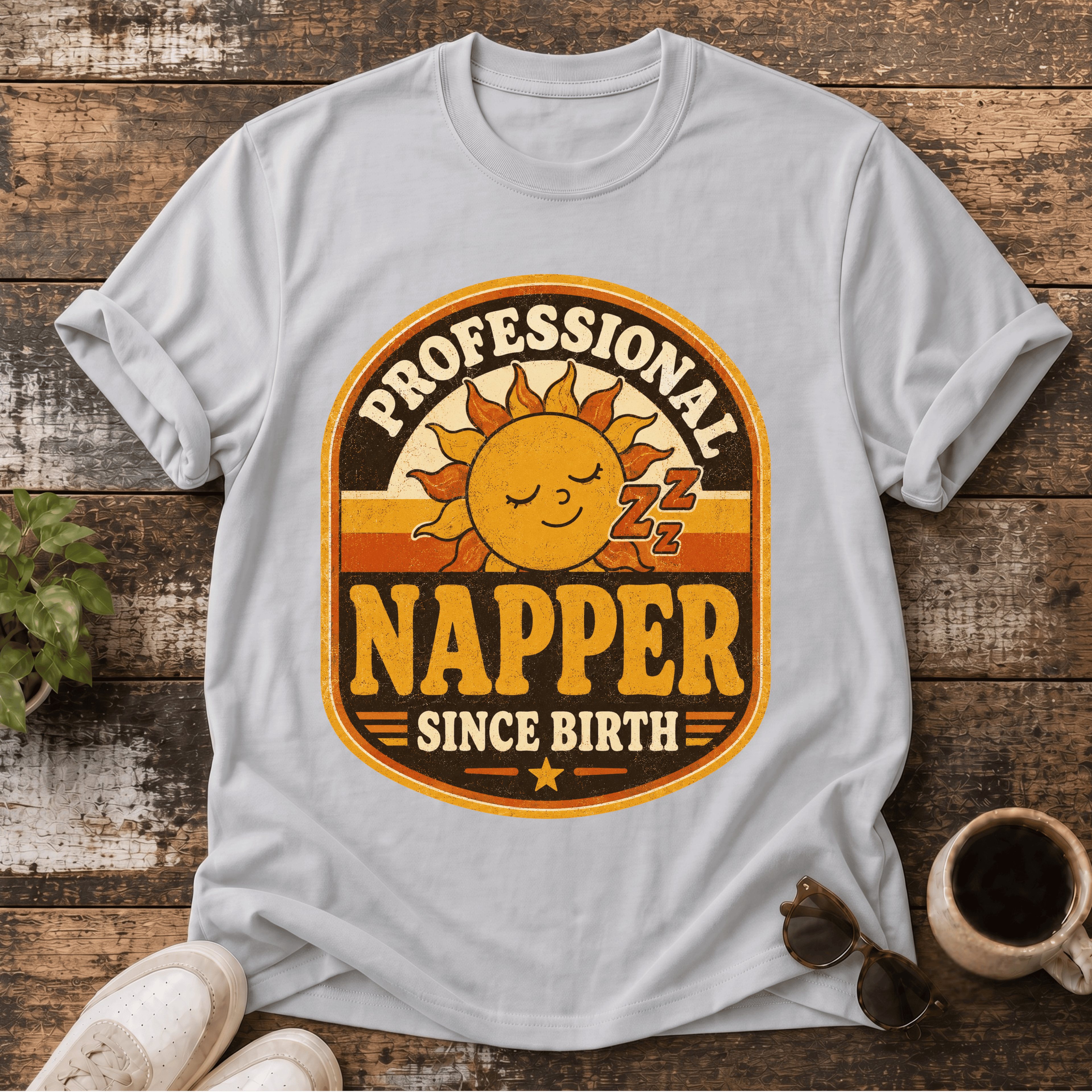 Professional Napper T-Shirt — 'Professional Napper Since Birth' Vintage Sun Graphic Tee