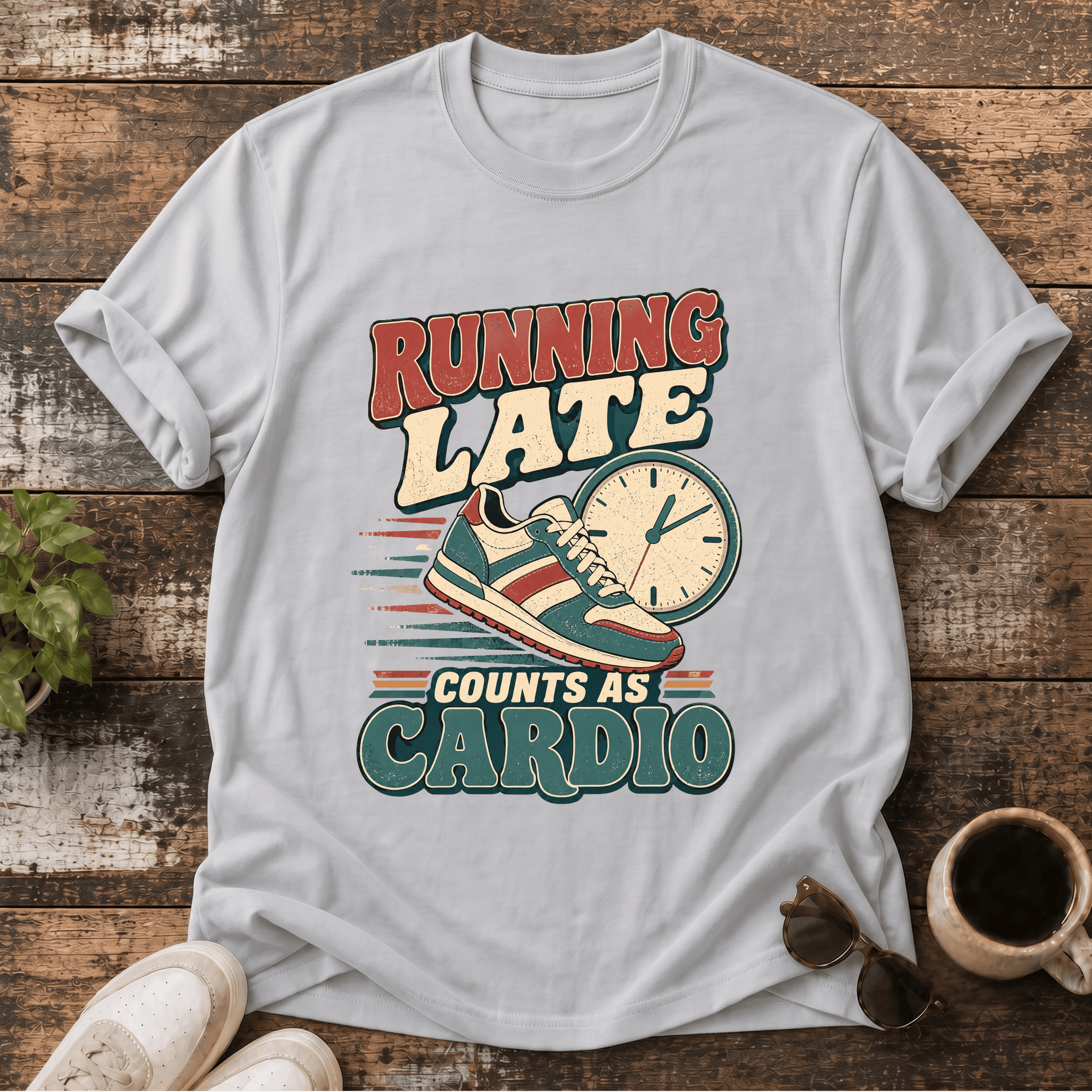Running Late T-Shirt — Vintage 'Running Late Counts As Cardio' Graphic Tee