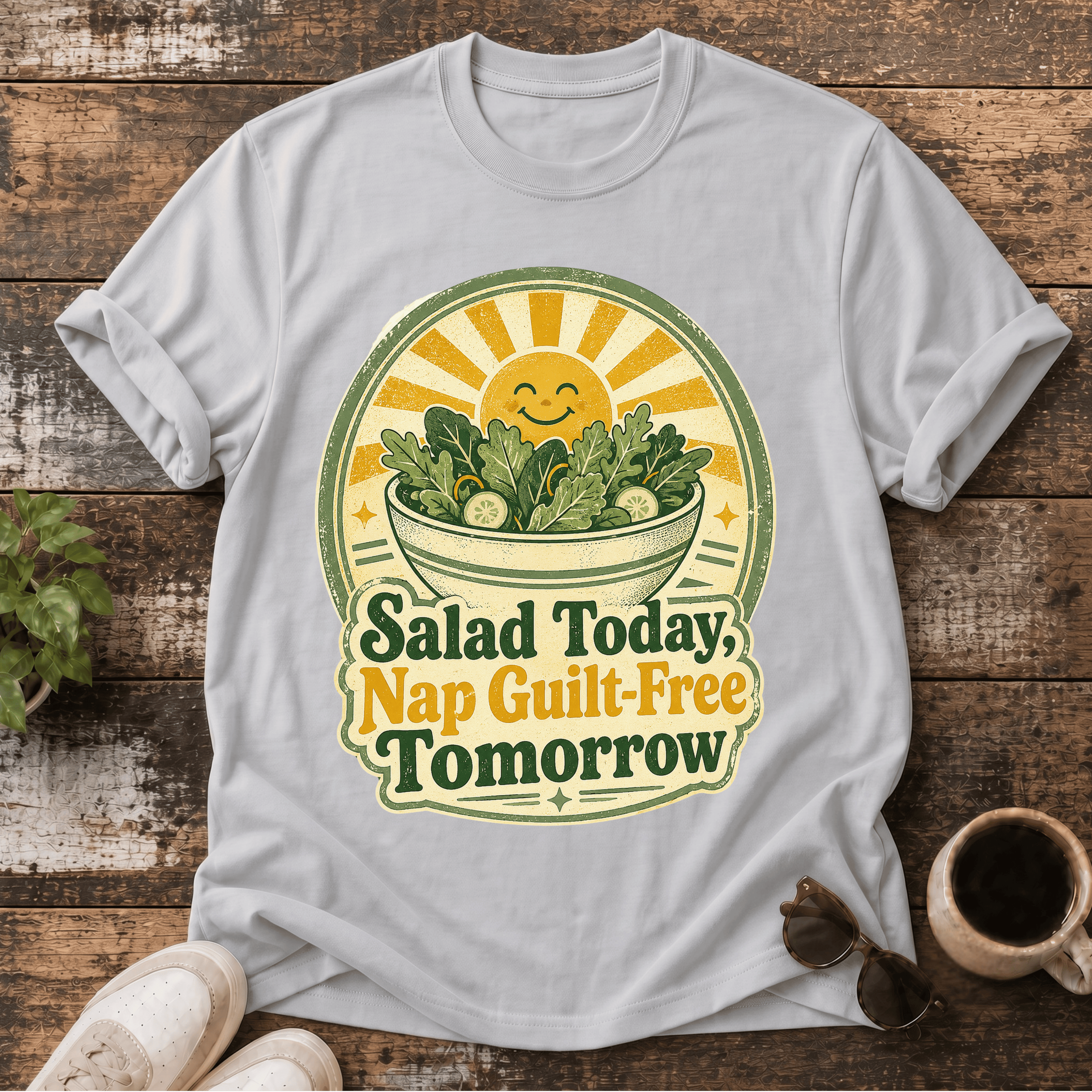 T-Shirt — 'Salad Today, Nap Guilt-Free Tomorrow' Retro Sun Salad Graphic