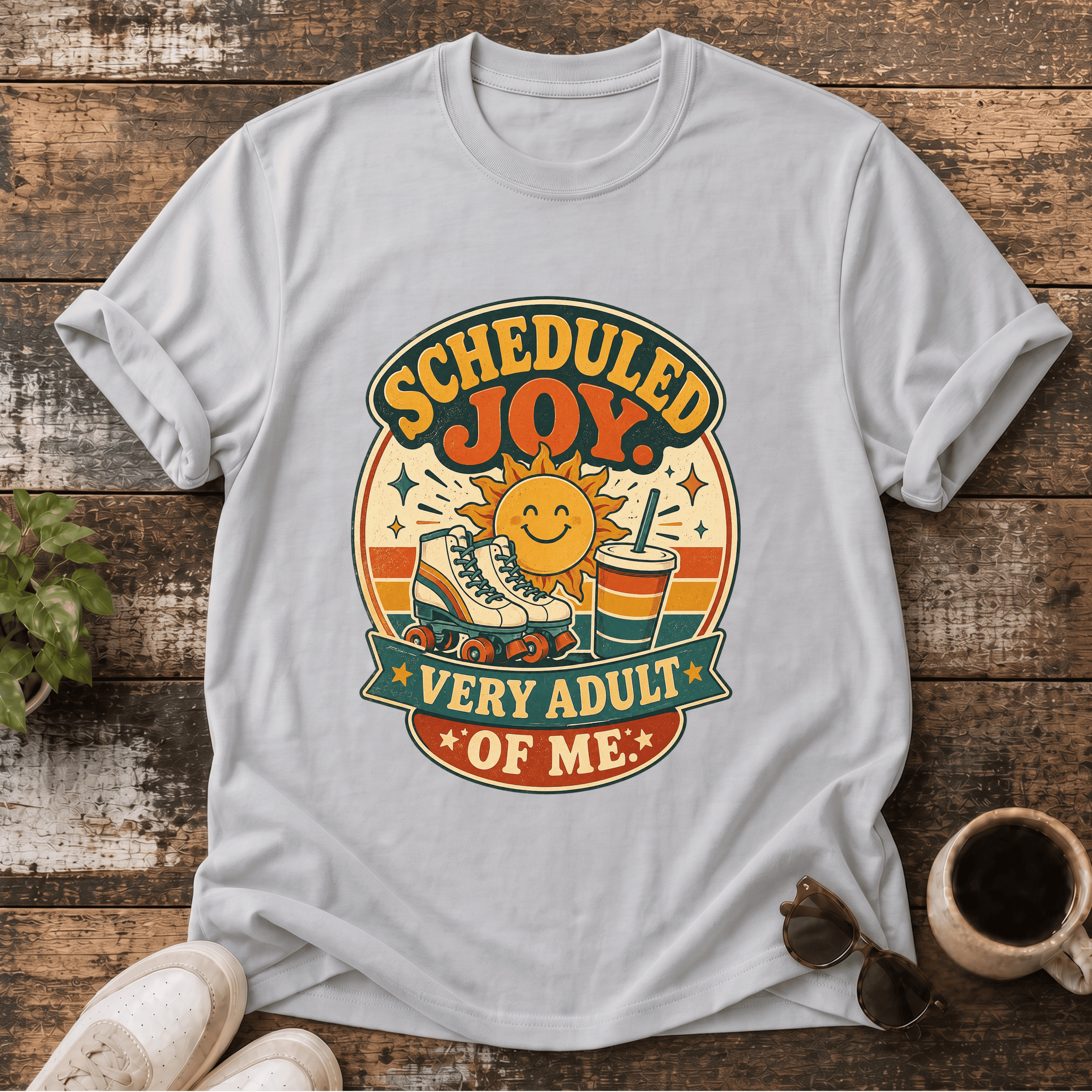 Scheduled Joy T-Shirt – Retro Sun “Very Adult of Me” Graphic Tee