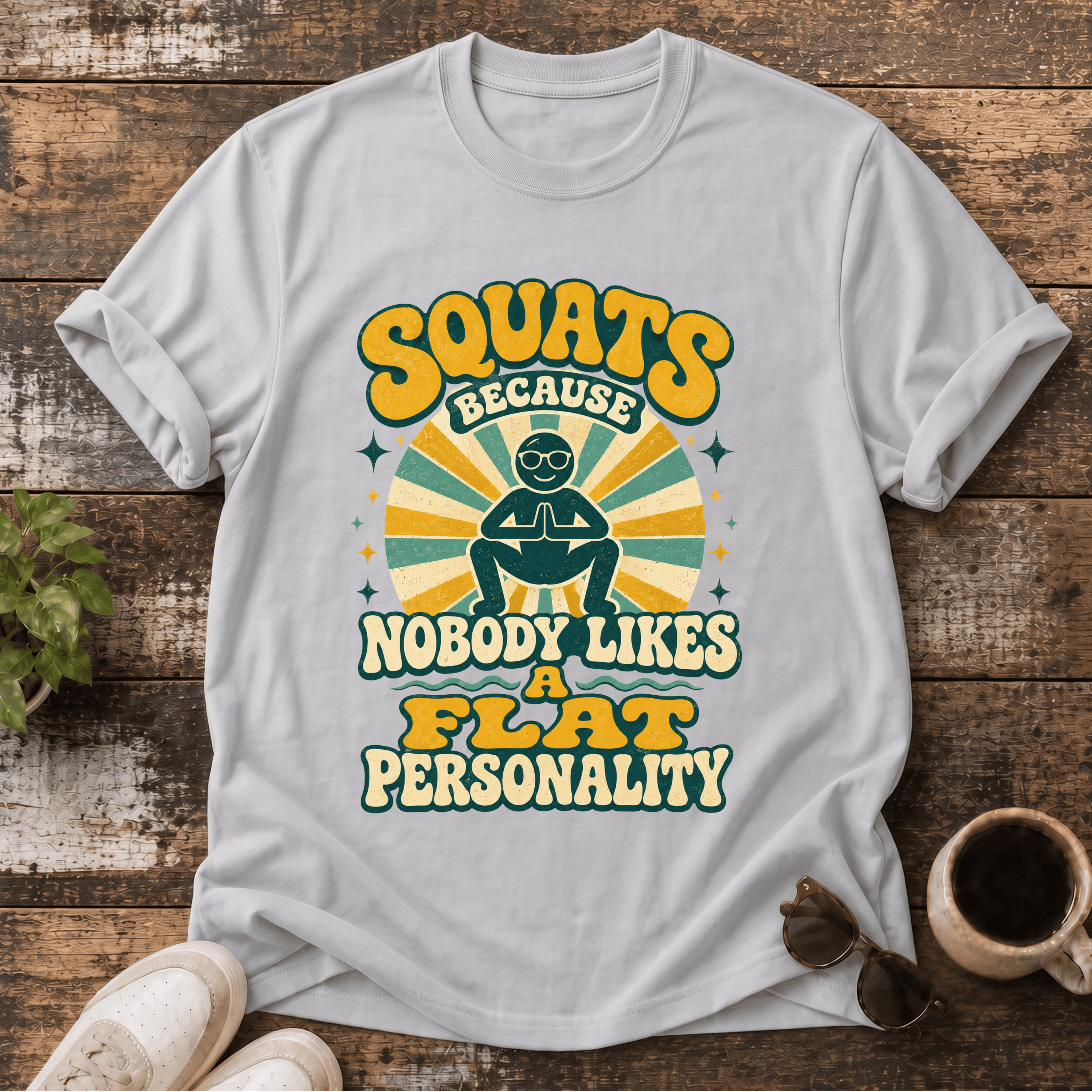 T-Shirt — “Squats Because Nobody Likes a Flat Personality” Retro Fitness Tee