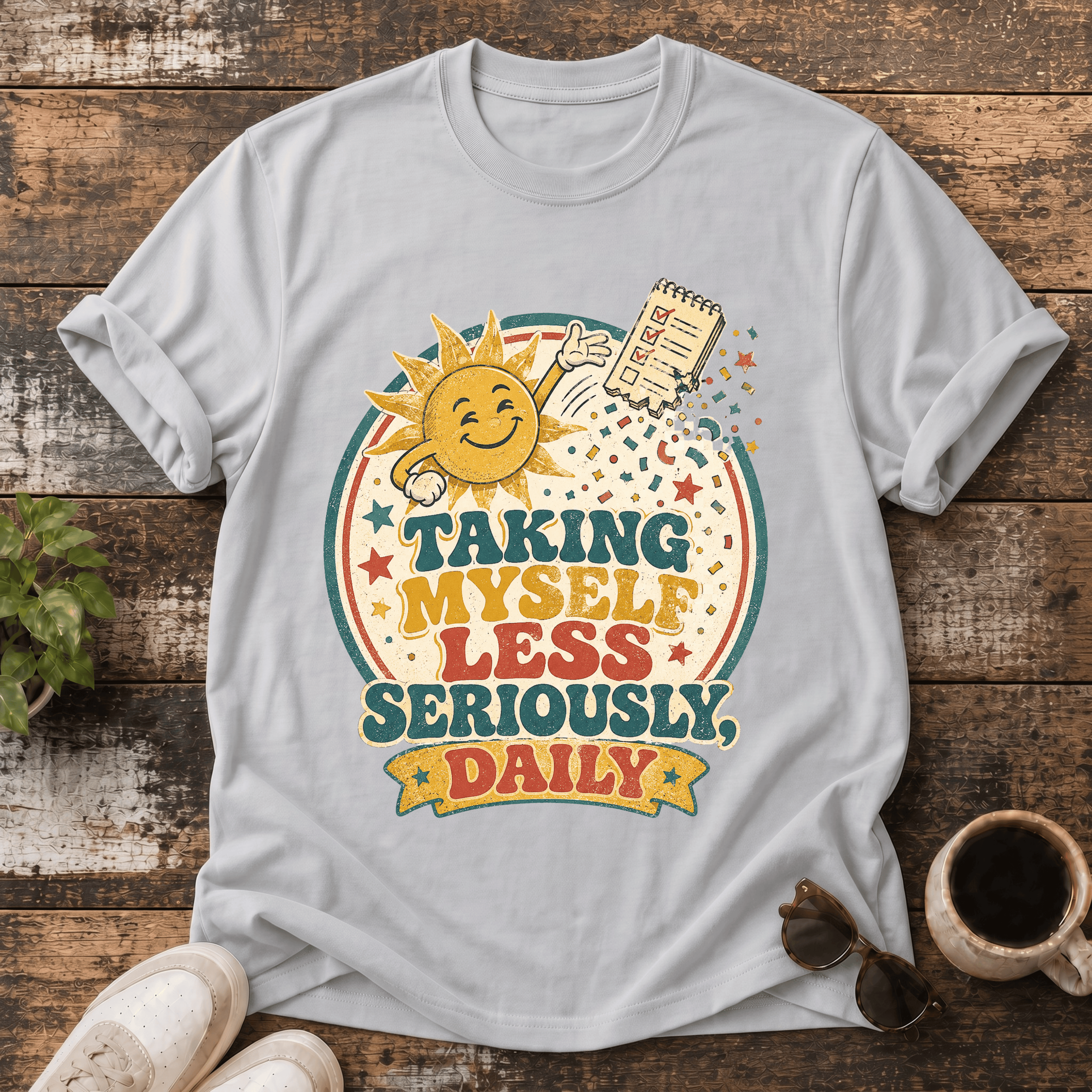 Taking Myself Less Seriously Daily T-Shirt — Retro Sun Graphic, Positive Self-Care Tee
