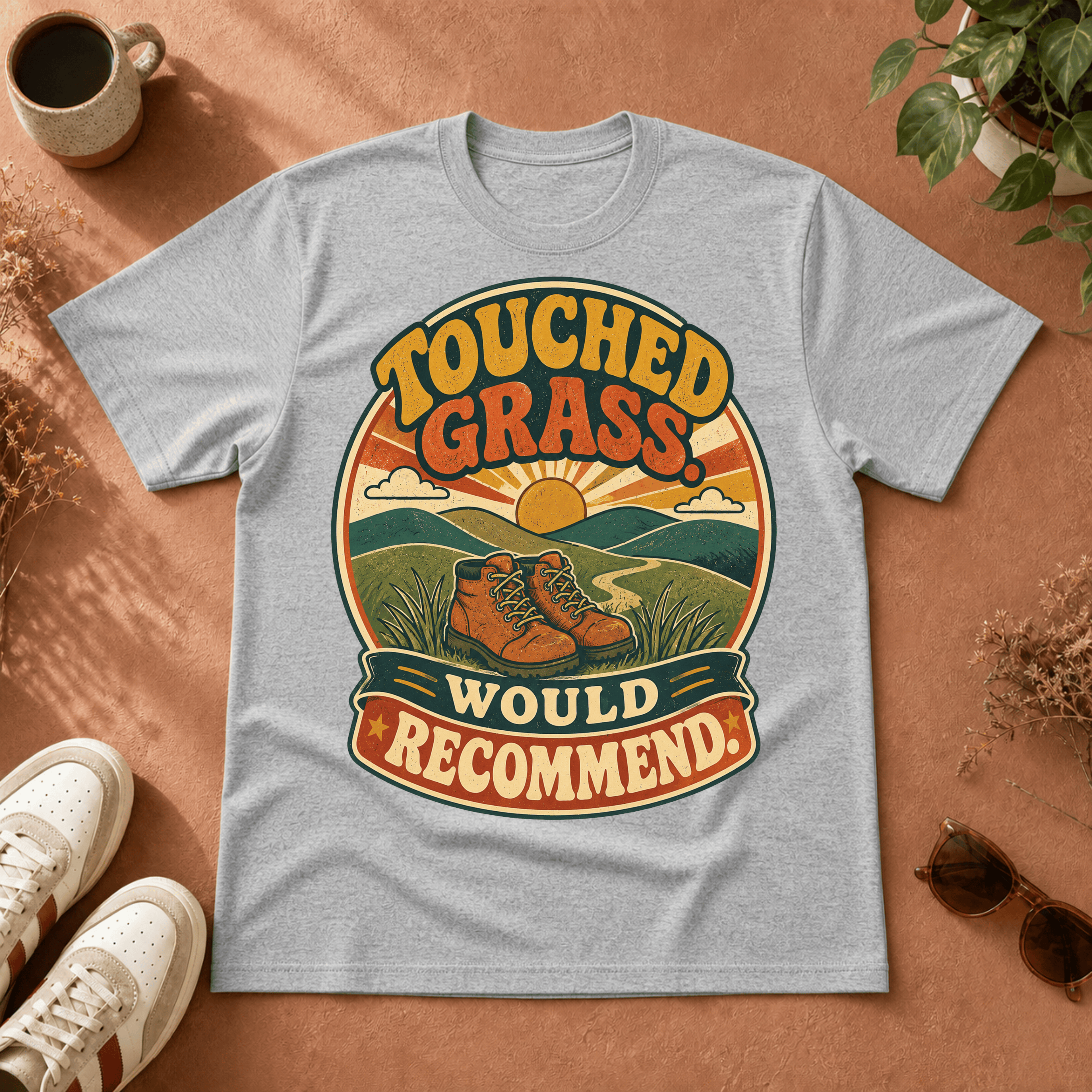 Touched Grass T-Shirt — Retro Sunset 'Touched Grass Would Recommend' Graphic Tee