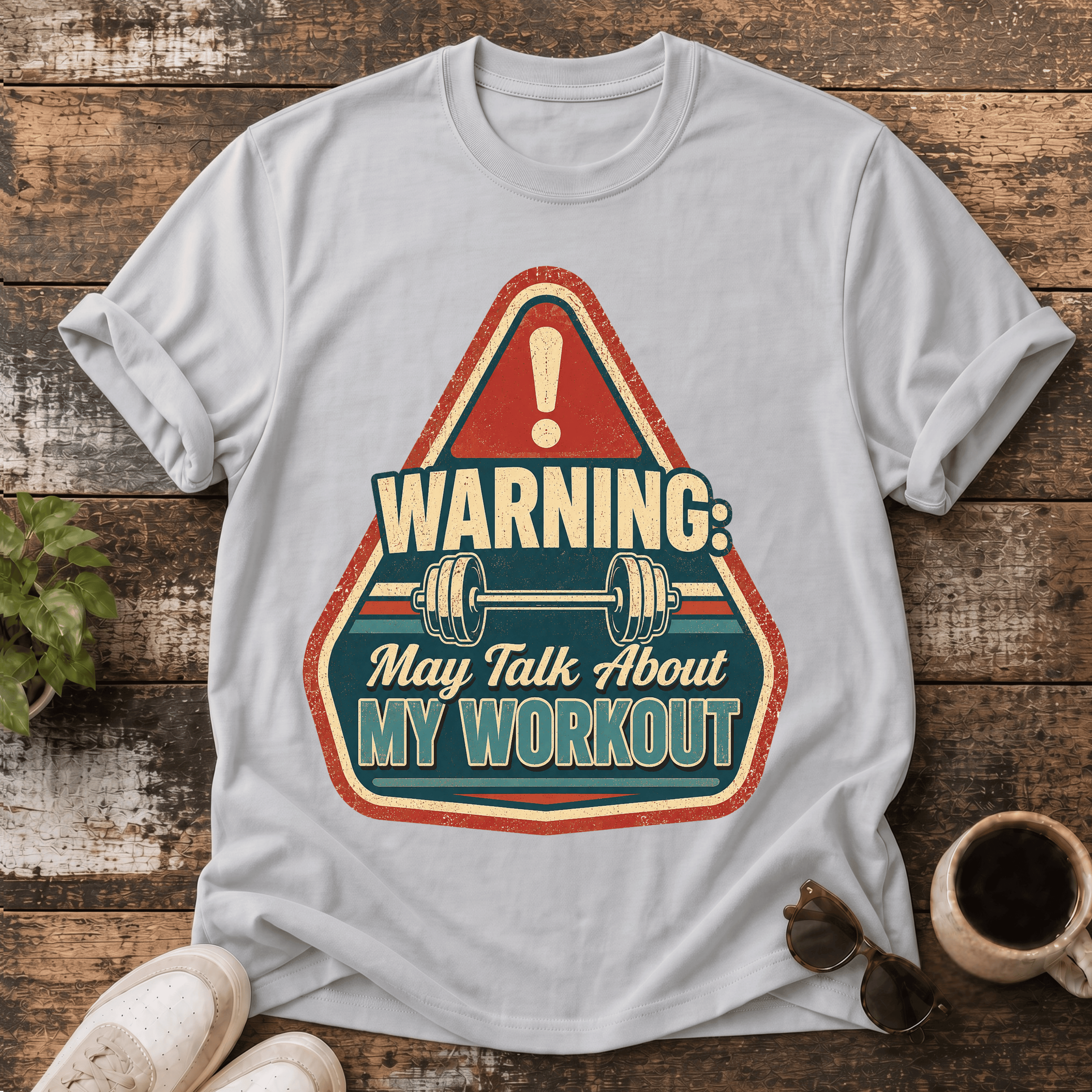 Workout Warning T-Shirt — "Warning: May Talk About My Workout" Retro Fitness Tee