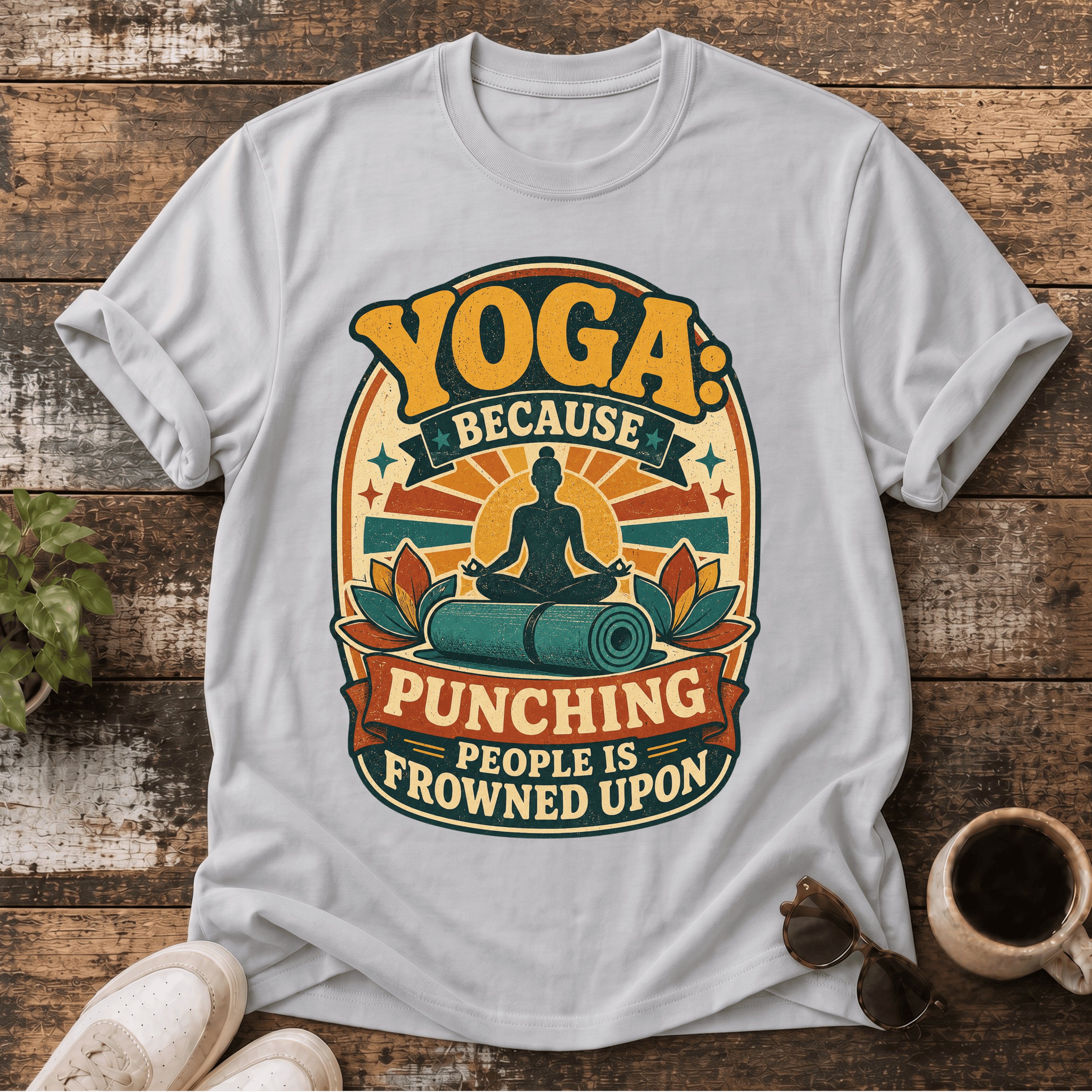 Yoga T-Shirt — "Yoga: Because Punching People Is Frowned Upon" Retro Graphic Tee